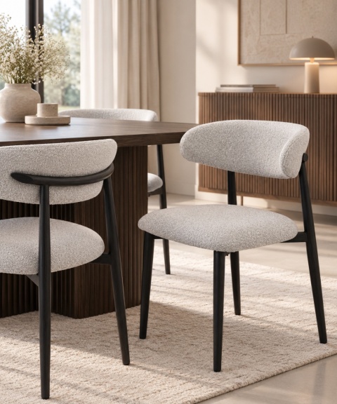 Krzesło tapicerowane LUCCA BOUCLE LIGHT GREY BLACK WOOD
