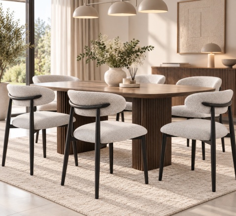 Krzesło tapicerowane LUCCA BOUCLE LIGHT GREY BLACK WOOD